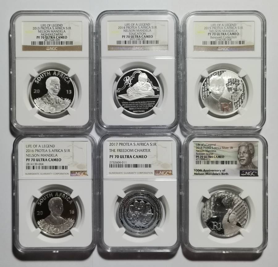 SET OF 6 X SILVER R1 PF70UC NGC SLABS. MANDELA LIFE OF A LEGEND SERIES. BID PER SLAB.