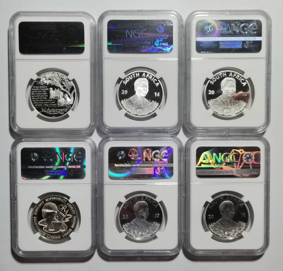 SET OF 6 X SILVER R1 PF70UC NGC SLABS. MANDELA LIFE OF A LEGEND SERIES. BID PER SLAB.