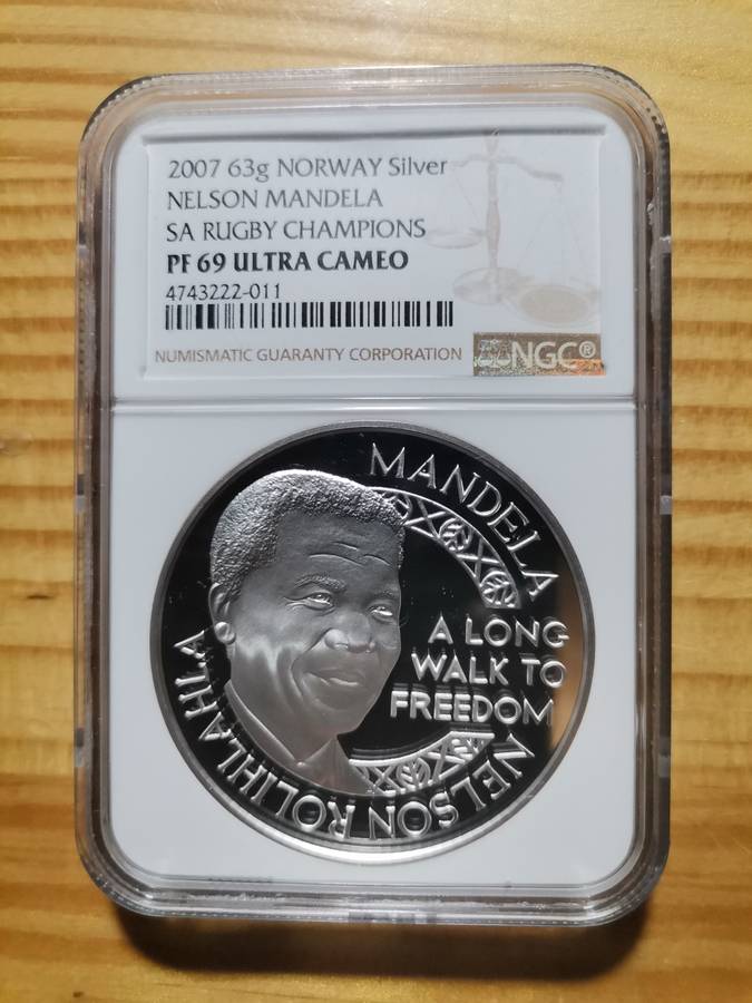 VERY SCARCE 2 OUNCE 63g SILVER MANDELA / SA RUGBY MEDALLION. NGC PF69UC. MINT OF NORWAY.