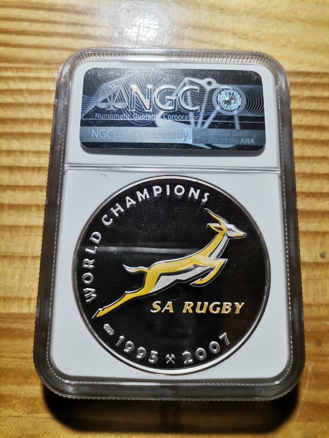 VERY SCARCE 2 OUNCE 63g SILVER MANDELA / SA RUGBY MEDALLION. NGC PF69UC. MINT OF NORWAY.