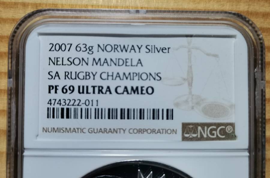 VERY SCARCE 2 OUNCE 63g SILVER MANDELA / SA RUGBY MEDALLION. NGC PF69UC. MINT OF NORWAY.