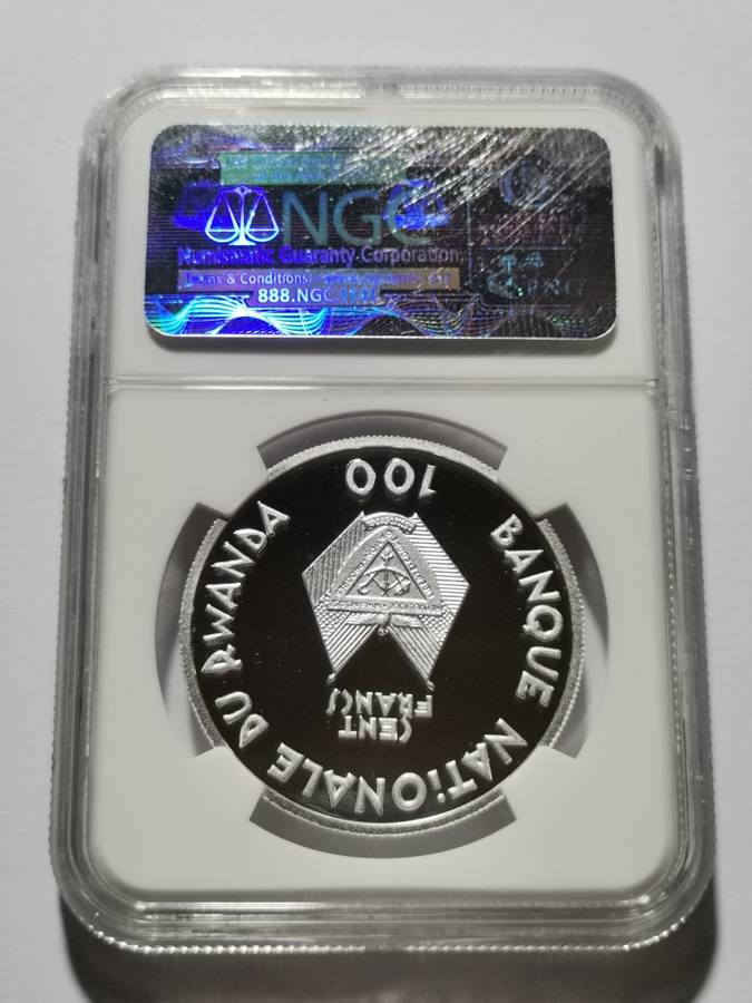 1990 RWANDA 1 0Z SILVER 100F MANDELA COIN. NGC PF70UC. HIGHEST GRADE AND SCARCE.