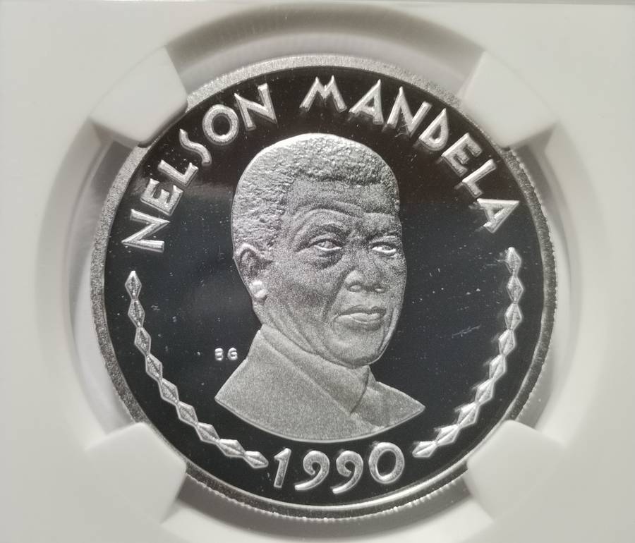 1990 RWANDA 1 0Z SILVER 100F MANDELA COIN. NGC PF70UC. HIGHEST GRADE AND SCARCE.