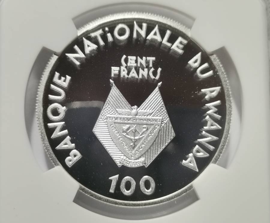 1990 RWANDA 1 0Z SILVER 100F MANDELA COIN. NGC PF70UC. HIGHEST GRADE AND SCARCE.