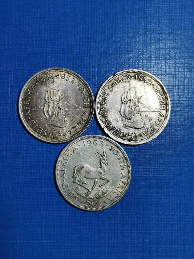 3 X SA UNION SILVER CROWNS / 50c. 50% SILVER. BID PER COIN TO TAKE ALL.