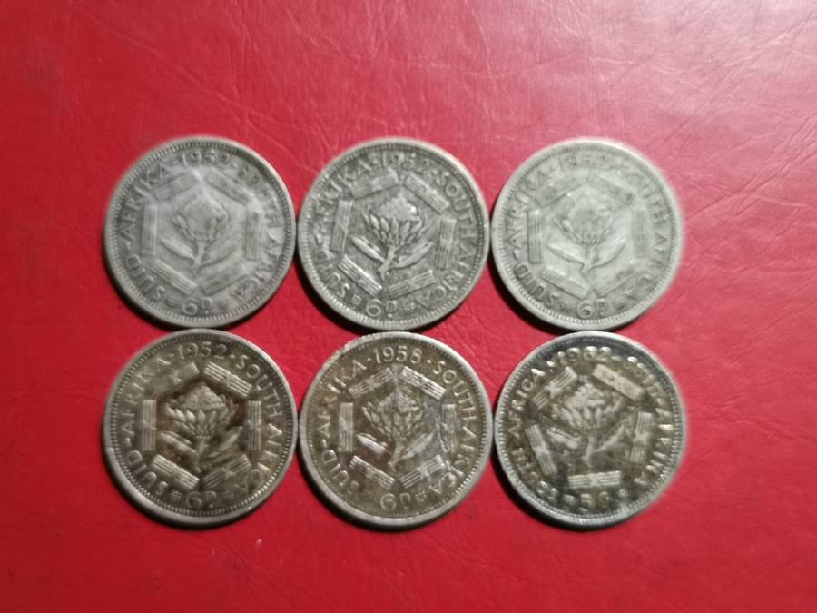 6 X SA UNION SILVER 6 PENCE COINS. 50% SILVER. BID PER COIN TO TAKE ALL 6.