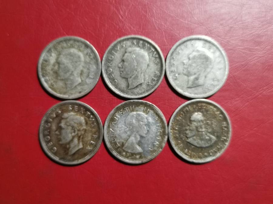 6 X SA UNION SILVER 6 PENCE COINS. 50% SILVER. BID PER COIN TO TAKE ALL 6.