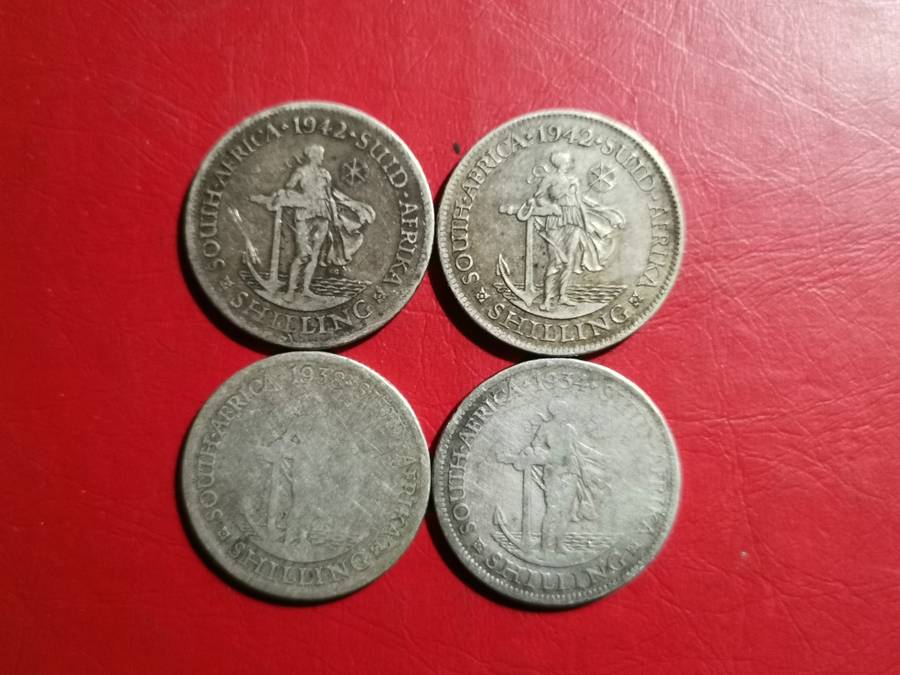 4 X SA UNION SILVER 1 SHILLINGS. 80% SILVER. BID PER COIN TO TAKE ALL 4.