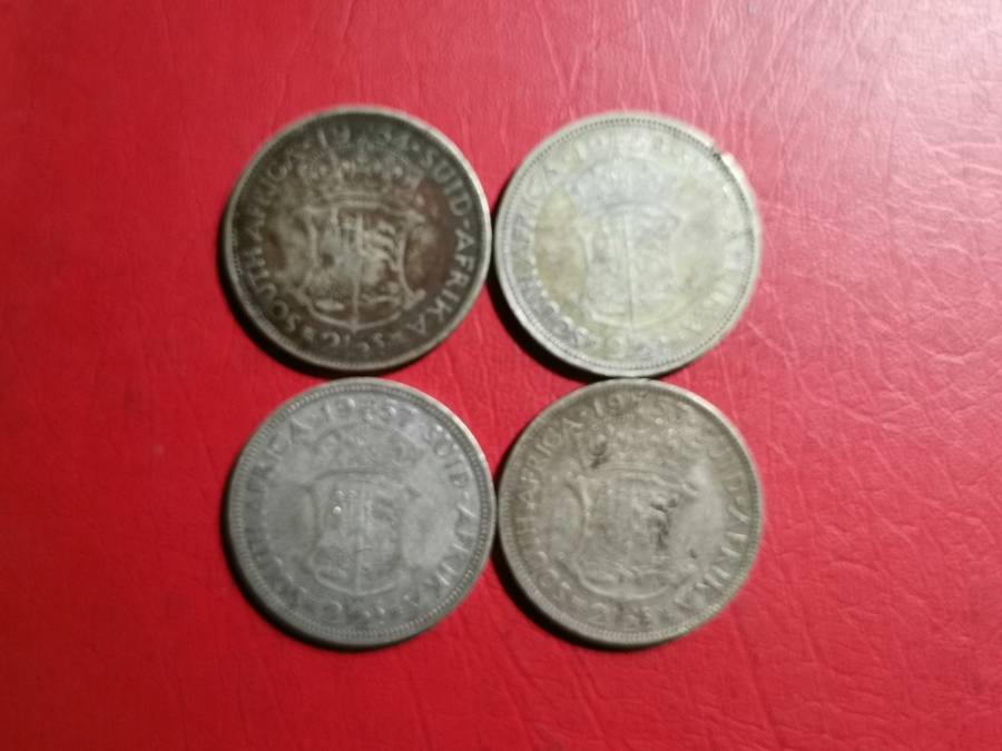4 X SA UNION SILVER HALF CROWNS. 50% SILVER. BID PER COIN TO TAKE ALL 4.