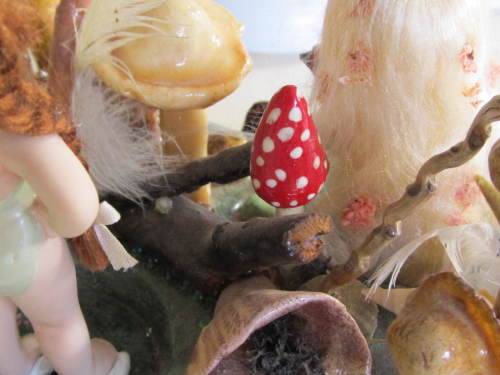 3 miniature fairy dolls in a mushroom garden (larger than 1:12" scale)
