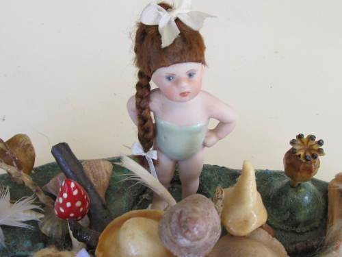 3 miniature fairy dolls in a mushroom garden (larger than 1:12" scale)