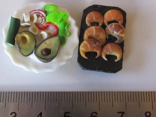 Miniature Dollhouse 1/12"  scale - handmade preparation plate of green salad with avos & croissants