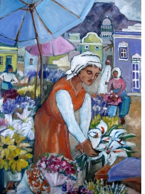 "Selling flowers Groentemarkplein" 700x 500mm! Large! Original oil by IRMA DE WAAL Hang as is!!