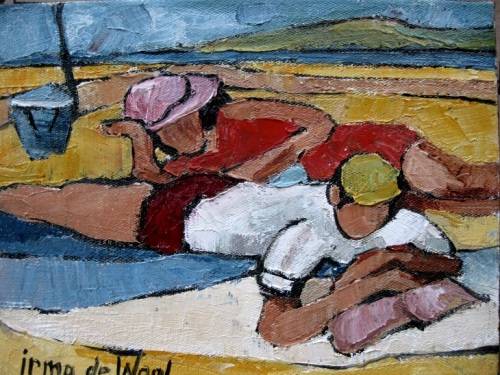 "Relaxing on the beach" Original oil by IRMA DE WAAL.