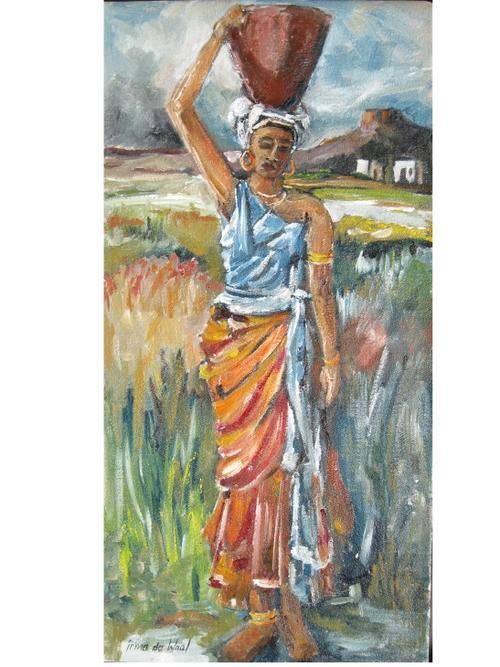 Carrying water towards home" 300 x 600mm! Oil by IRMA DE WAAL Colourful and ready to hang!