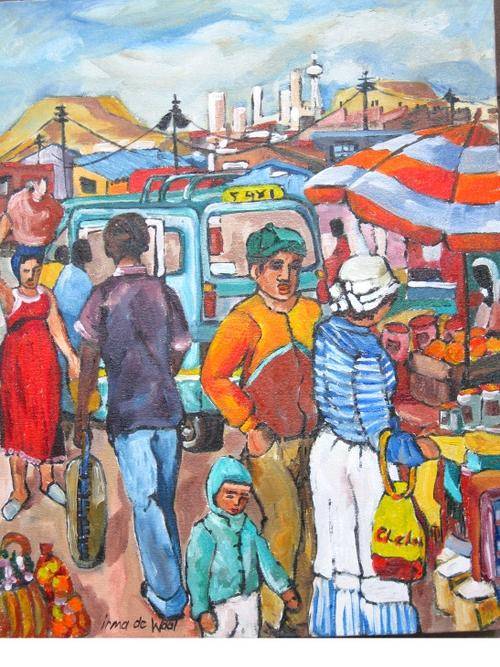 "Shopping at the Taxi rank" 500 x 400mm!!Oil by  IRMA DE WAAL Colourful and  ready to hang!