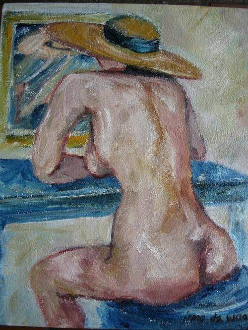 "Nude with Yellow Hat" 300 x 250mm Original oil by IRMA DE WAAL