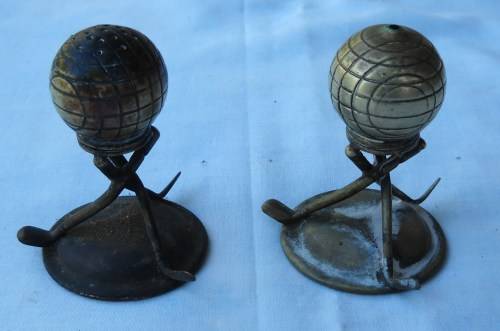 VINTAGE BRASS / EPNS-SALT AND PEPPER CELLARS-GOLF THEME-c1900-GOOD CONDITION