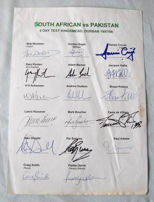 1997 / 98-PROTEAS V PAKISTAN-S AFRICA AUTOGRAPH SHEET-17 ORIGINAL SIGNATURES-EXCELLENT CONDITION