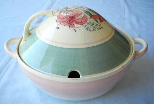 SUSIE COOPER-TEAL & PINK-SERVING DISH & LID-TIGER LILY PATTERN-25 CM WIDE-1930s-VERY GOOD CONDITION