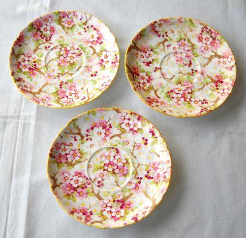 SHELLEY SAUCERS-MAYTIME CHINTZ PATTERN-YELLOW TRIM-c1938- SET OF 3-EXCELLENT CONDITION