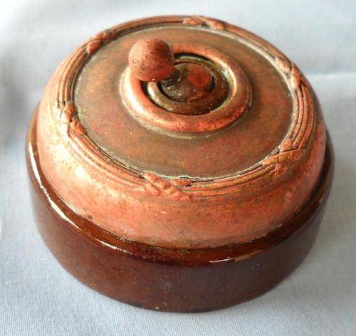 ANTIQUE WANDSWORTH COPPER & PORCELAIN LIGHT SWITCH-c1910-VERY GOOD CONDITION
