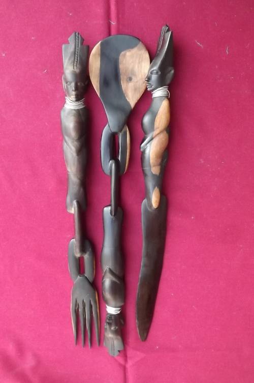 Set of 3 African wooden carved utinsils - knife ,fork and spoon.New condition 40cm each