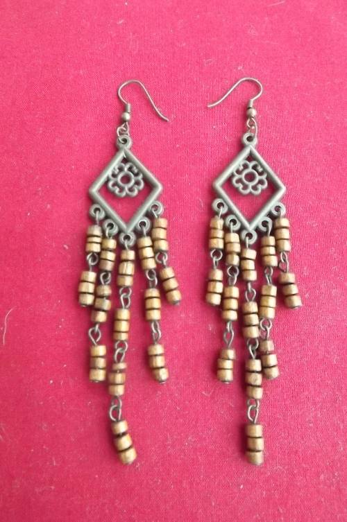Pair of ethnic brown wooden bead dangling earrings for pierced ears.As new