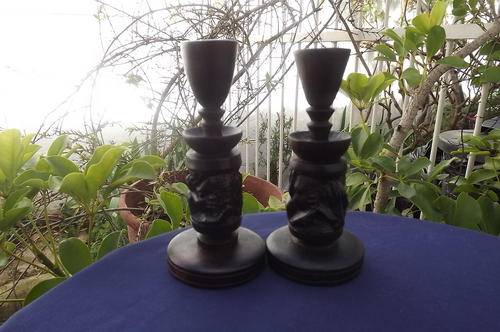 Pair of wooden carved candle holders - height 16.5cm