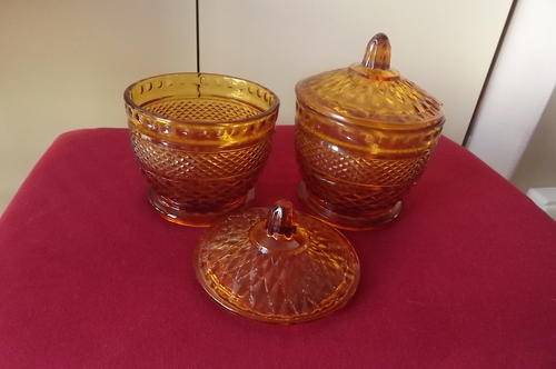 Set of 2 Amber Glass Bowls with lids