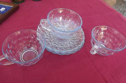 Set of 3 Patterned Glass Cups & Saucers