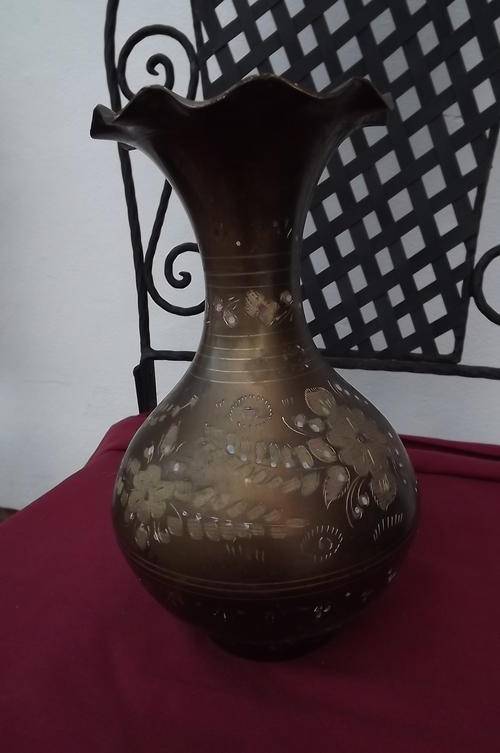 Brass Patterned Vase - height 22.5cm - small hole in side - see scan