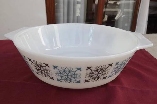 White Opale Glass Oven Proof Dish with Design made in England - good condition