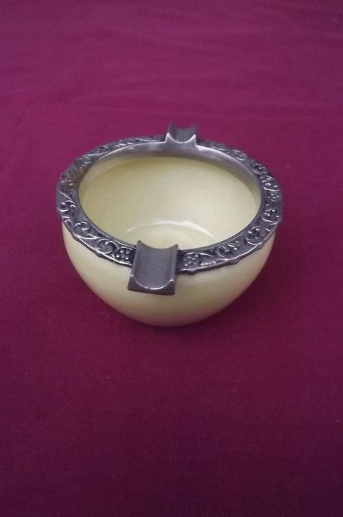 Small Yellow Porcelain Ashtray with Metal Rim - good condition