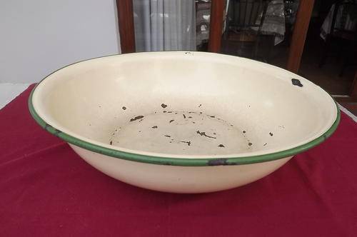 Large Vintage Enamel Dish/Wash Basin in Cream & Green-small hole at the bottom-50cm diam, depth 14cm