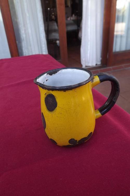 Stunning Mini Canary Yellow Antique Enamel Jug - used a lot but still pretty - height 7.5cm