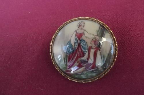 Hand Painted Brooch by Thomas L Mott England in Gold Tone Setting with small pendant loop-3.75cm dia