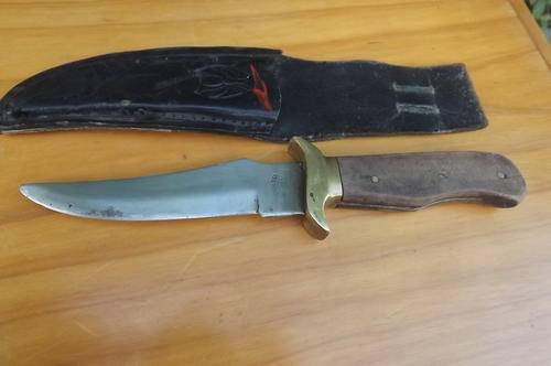 Stainless Steel Knife with Brass Detail-Leather Sheath is damaged but knife in good condition-22.5cm