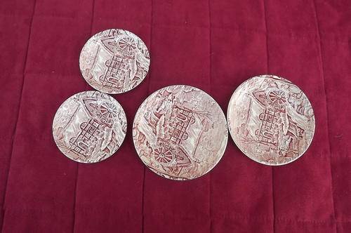 Set of 4 white with maroon colour pattern of The Mill by Alfred Meakin.Staffordshire,England 1982.
