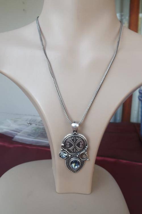 Antique Miglio pendant with blue Swarouski crystal on 925 silver chain.Pendant length 5.5cm.