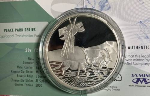 Two Ounce silver 50 Cents Kgalagadi Transfrontier Peace Park Mintage number 159 original box and coa