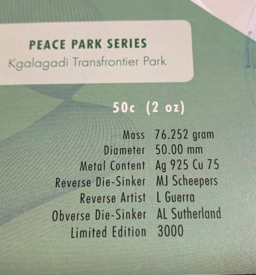 Two Ounce silver 50 Cents Kgalagadi Transfrontier Peace Park Mintage number 159 original box and coa
