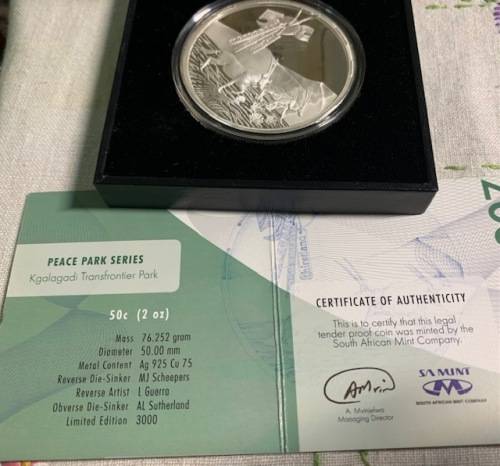 Two Ounce silver 50 Cents Kgalagadi Transfrontier Peace Park Mintage number 159 original box and coa