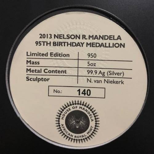2013 5oz Nelson Mandela 95th bday PROOF 99.9 silver COA Signed by Dr Mandela, box, rare, 950 minted