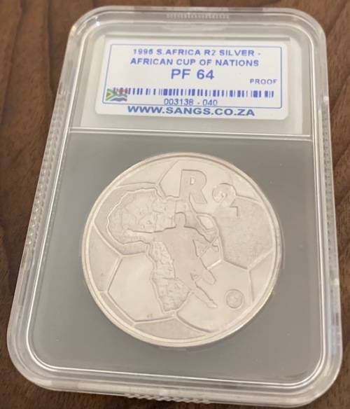 1995 1oz silver content SANGS certified slabbed proof 2 Rand African Cup of Nations