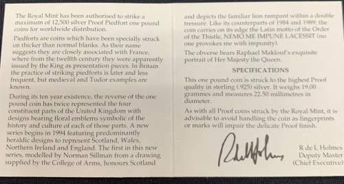 1994 Lion of Scotland United Kingdom Silver Proof Piedfort Rare