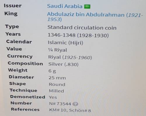 Saudi Arabia 1348 [1930] .830 Silver Quarter Riyal as per images