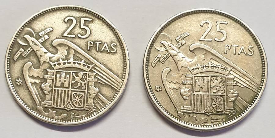 Blank Obverse on one of these 2 Spanish 25 Pesetas -Bid is for both coins !!!