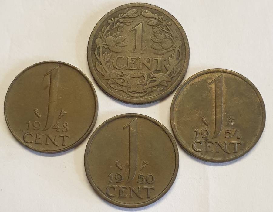Nederlands One Cent Coins x 4  ## 1915 #1948  #1950  #1954 as per images @Bid is for all 4
