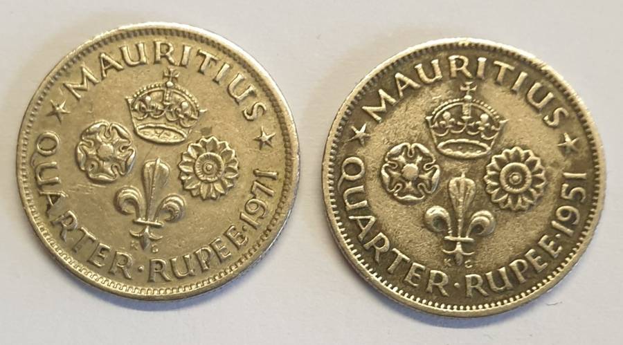 Mauritius Quarter Rupees x 2 as per images !! #1951 and 1971 ## Bid is for the pair !!!!